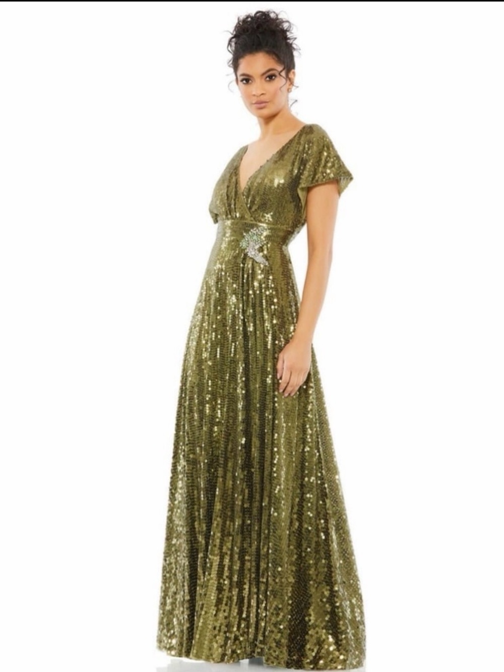 Mac Duggal Olive Green Sequin Gown with Jewel Accents